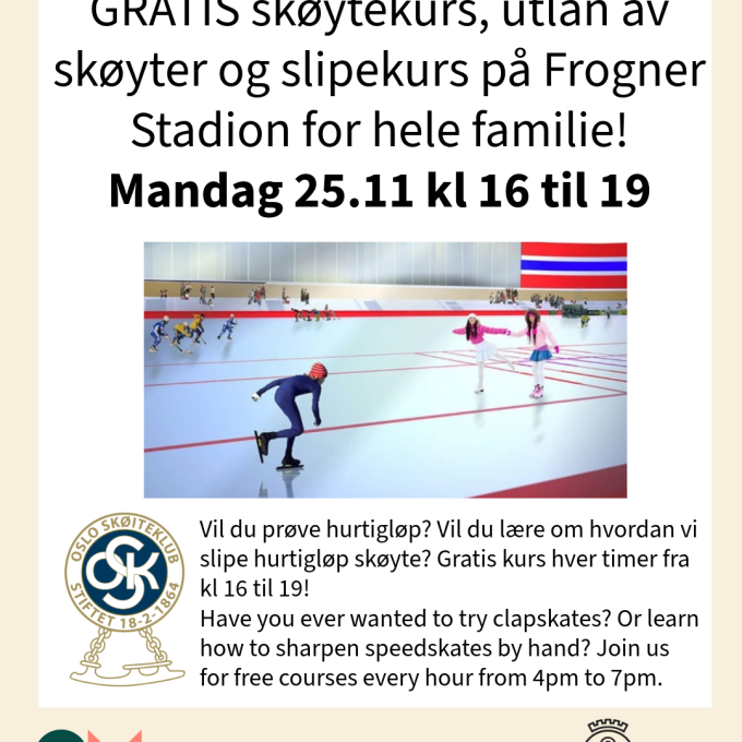 Gratis skøytekurs, utlån av skøyter, og slipekurs på Frogner Stadion