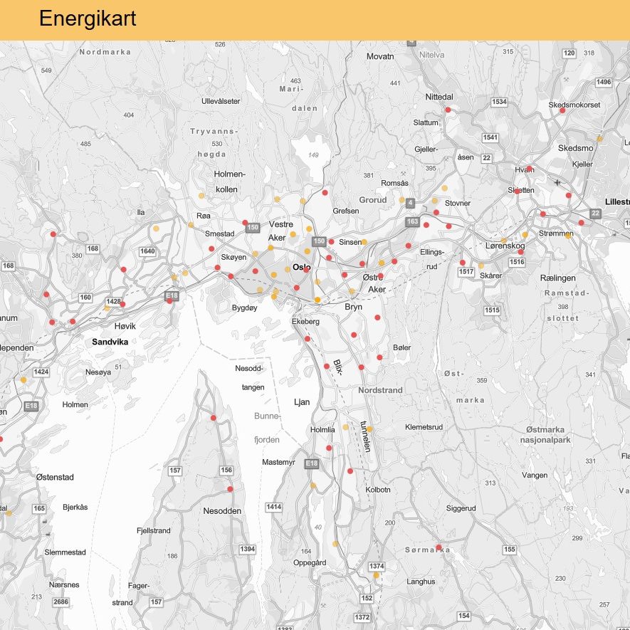 Et detaljert kart over regionen, merket Energikart, har livlige røde og gule markører som fremhever ulike interessepunkter eller kritiske datapunkter.