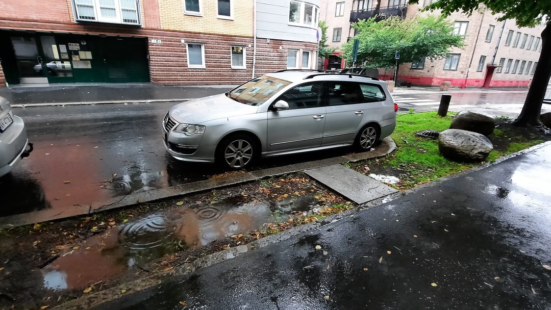 En sølvfarget stasjonsvogn hviler på den regnvåte gaten nær en glitrende sølepytt og frodig gress, med bygninger som står fast i bakgrunnen – en scene som minner om et Stein-maleri.